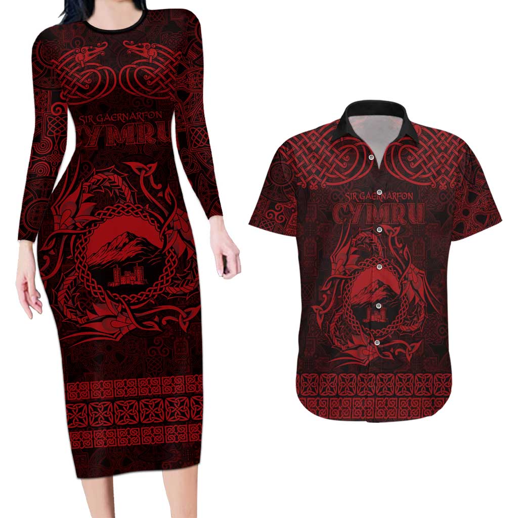Personalized Caernarfonshire Sir Gaernarfon Couples Matching Long Sleeve Bodycon Dress and Hawaiian Shirt Red Castle Tower Celtic-inspired - Wonder Print Shop