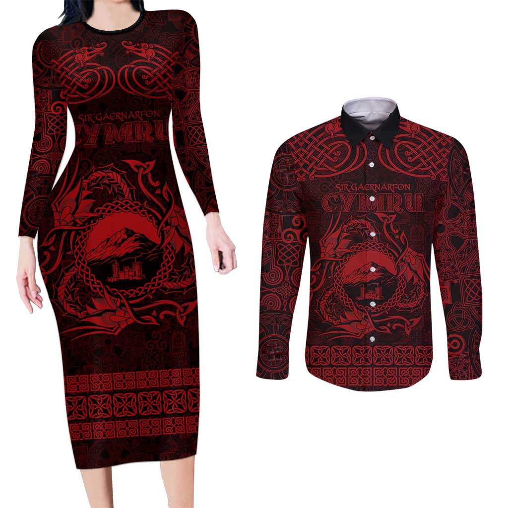 Personalized Caernarfonshire Sir Gaernarfon Couples Matching Long Sleeve Bodycon Dress and Long Sleeve Button Shirt Red Castle Tower Celtic-inspired - Wonder Print Shop