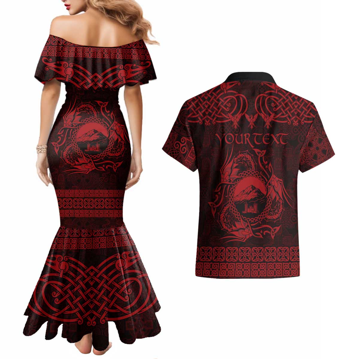 Personalized Caernarfonshire Sir Gaernarfon Couples Matching Mermaid Dress and Hawaiian Shirt Red Castle Tower Celtic-inspired - Wonder Print Shop