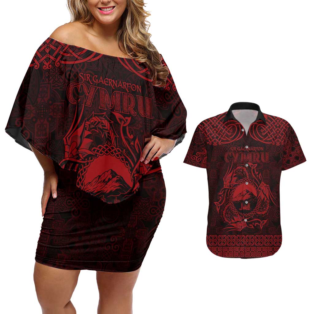 Personalized Caernarfonshire Sir Gaernarfon Couples Matching Off Shoulder Short Dress and Hawaiian Shirt Red Castle Tower Celtic-inspired - Wonder Print Shop