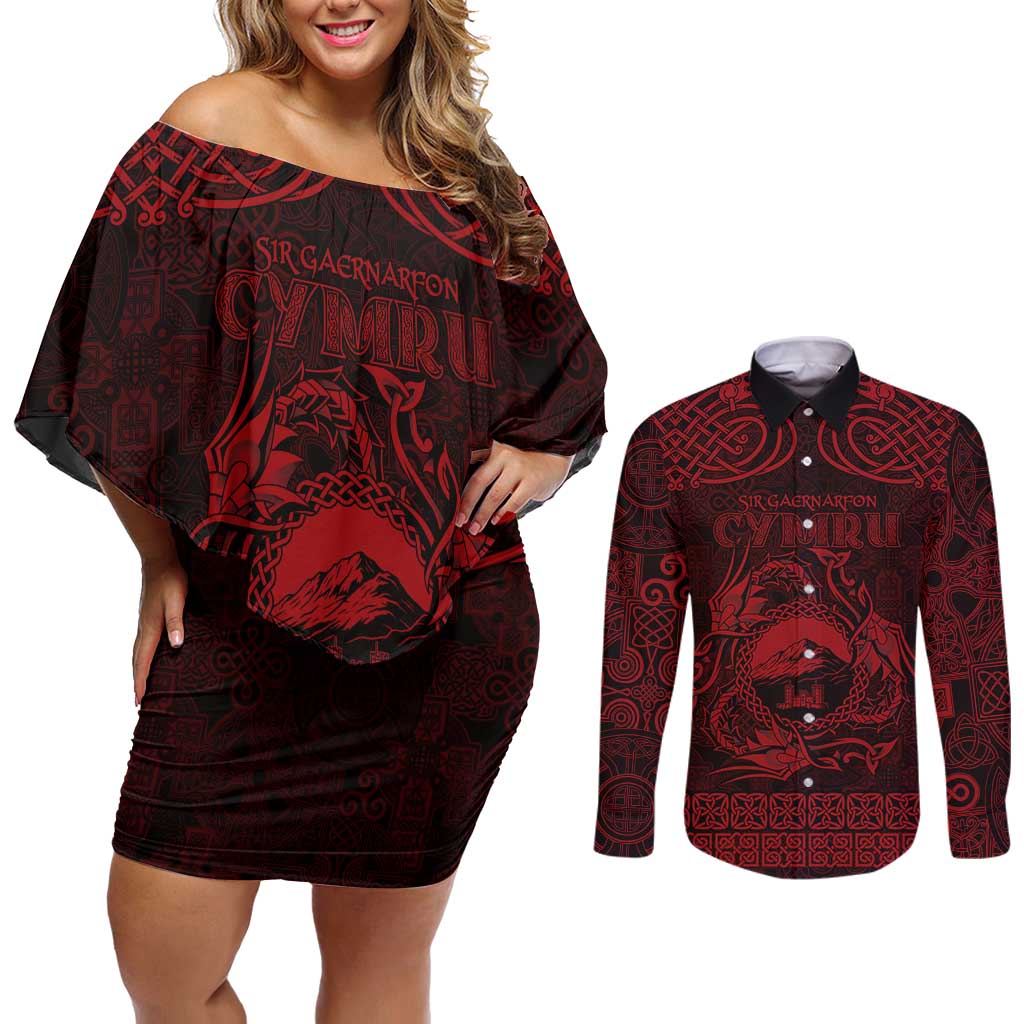 Personalized Caernarfonshire Sir Gaernarfon Couples Matching Off Shoulder Short Dress and Long Sleeve Button Shirt Red Castle Tower Celtic-inspired - Wonder Print Shop