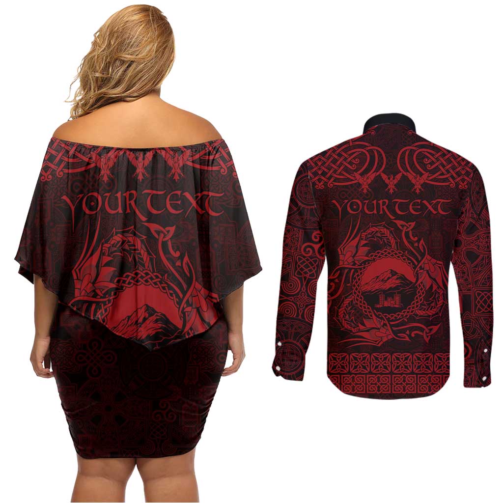 Personalized Caernarfonshire Sir Gaernarfon Couples Matching Off Shoulder Short Dress and Long Sleeve Button Shirt Red Castle Tower Celtic-inspired - Wonder Print Shop