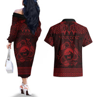 Personalized Caernarfonshire Sir Gaernarfon Couples Matching Off The Shoulder Long Sleeve Dress and Hawaiian Shirt Red Castle Tower Celtic-inspired - Wonder Print Shop