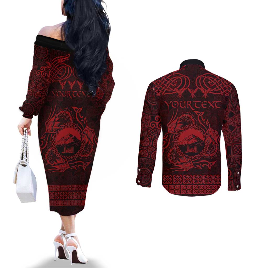 Personalized Caernarfonshire Sir Gaernarfon Couples Matching Off The Shoulder Long Sleeve Dress and Long Sleeve Button Shirt Red Castle Tower Celtic-inspired - Wonder Print Shop