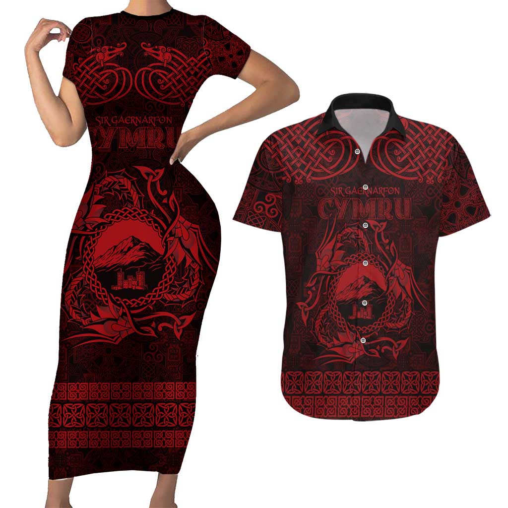 Personalized Caernarfonshire Sir Gaernarfon Couples Matching Short Sleeve Bodycon Dress and Hawaiian Shirt Red Castle Tower Celtic-inspired - Wonder Print Shop
