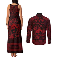 Personalized Caernarfonshire Sir Gaernarfon Couples Matching Tank Maxi Dress and Long Sleeve Button Shirt Red Castle Tower Celtic-inspired - Wonder Print Shop