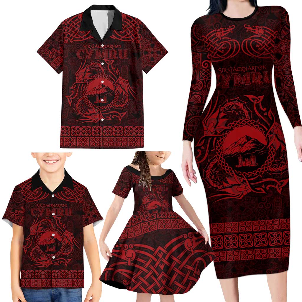Personalized Caernarfonshire Sir Gaernarfon Family Matching Long Sleeve Bodycon Dress and Hawaiian Shirt Red Castle Tower Celtic-inspired - Wonder Print Shop