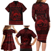 Personalized Caernarfonshire Sir Gaernarfon Family Matching Long Sleeve Bodycon Dress and Hawaiian Shirt Red Castle Tower Celtic-inspired - Wonder Print Shop
