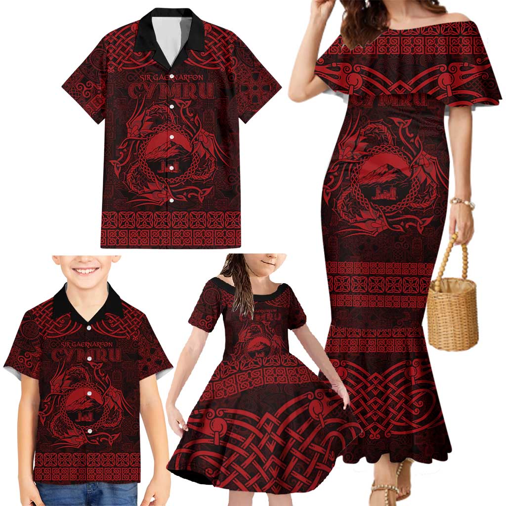 Personalized Caernarfonshire Sir Gaernarfon Family Matching Mermaid Dress and Hawaiian Shirt Red Castle Tower Celtic-inspired - Wonder Print Shop