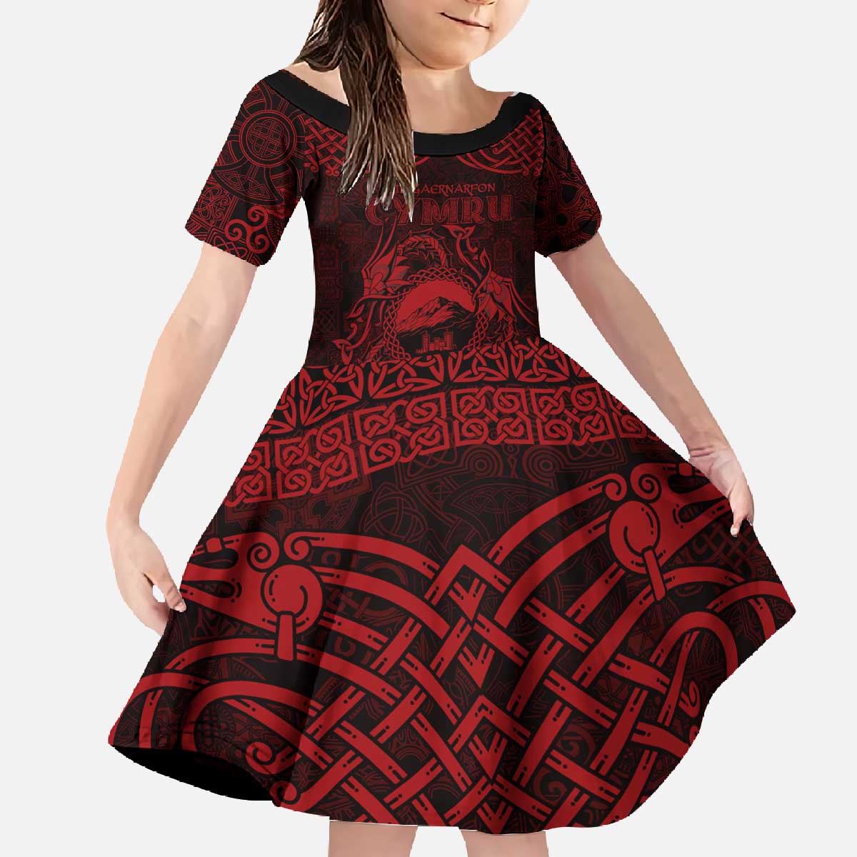 Personalized Caernarfonshire Sir Gaernarfon Family Matching Off The Shoulder Long Sleeve Dress and Hawaiian Shirt Red Castle Tower Celtic-inspired - Wonder Print Shop