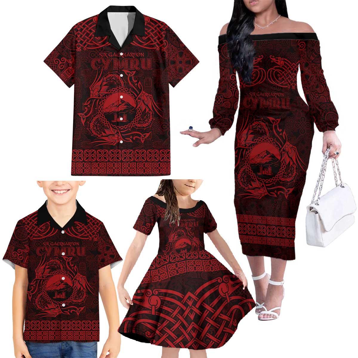 Personalized Caernarfonshire Sir Gaernarfon Family Matching Off The Shoulder Long Sleeve Dress and Hawaiian Shirt Red Castle Tower Celtic-inspired - Wonder Print Shop