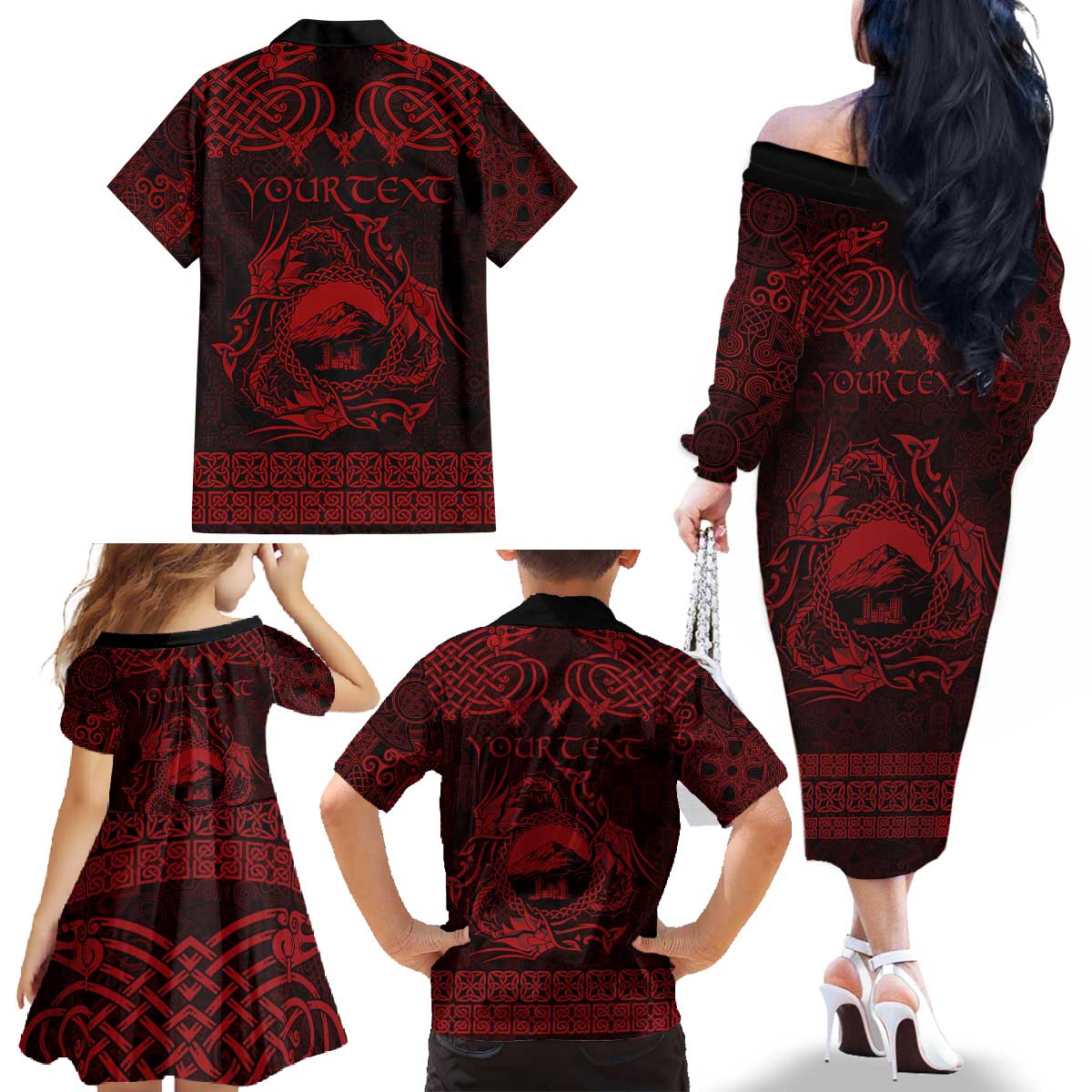 Personalized Caernarfonshire Sir Gaernarfon Family Matching Off The Shoulder Long Sleeve Dress and Hawaiian Shirt Red Castle Tower Celtic-inspired - Wonder Print Shop
