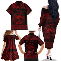 Personalized Caernarfonshire Sir Gaernarfon Family Matching Off The Shoulder Long Sleeve Dress and Hawaiian Shirt Red Castle Tower Celtic-inspired - Wonder Print Shop