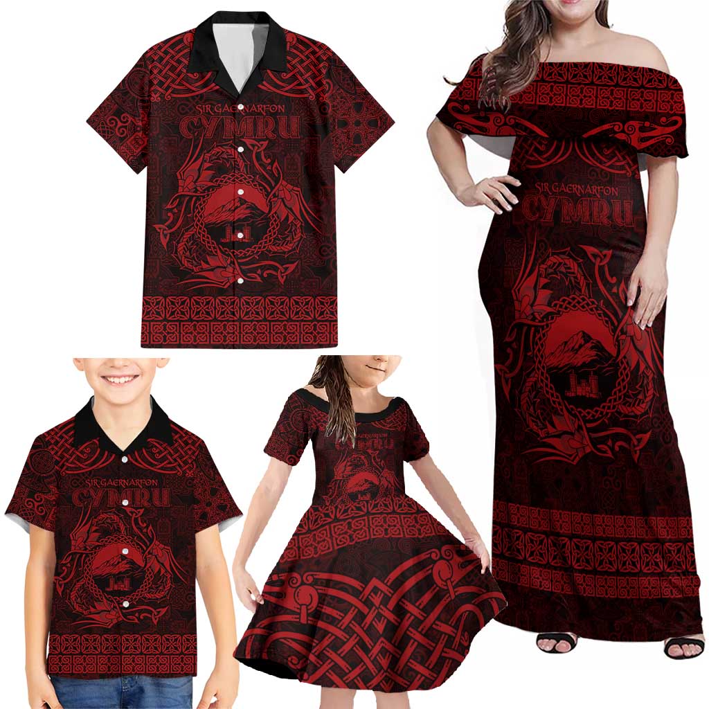 Personalized Caernarfonshire Sir Gaernarfon Family Matching Off Shoulder Maxi Dress and Hawaiian Shirt Red Castle Tower Celtic-inspired - Wonder Print Shop