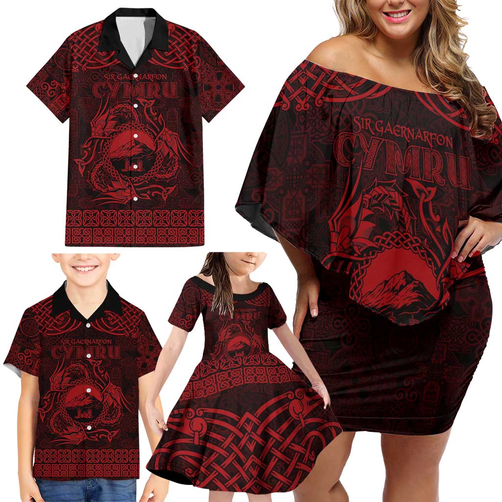 Personalized Caernarfonshire Sir Gaernarfon Family Matching Off Shoulder Short Dress and Hawaiian Shirt Red Castle Tower Celtic-inspired - Wonder Print Shop