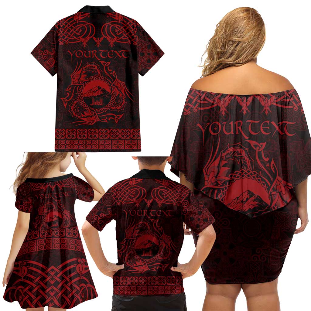 Personalized Caernarfonshire Sir Gaernarfon Family Matching Off Shoulder Short Dress and Hawaiian Shirt Red Castle Tower Celtic-inspired - Wonder Print Shop