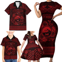 Personalized Caernarfonshire Sir Gaernarfon Family Matching Short Sleeve Bodycon Dress and Hawaiian Shirt Red Castle Tower Celtic-inspired - Wonder Print Shop