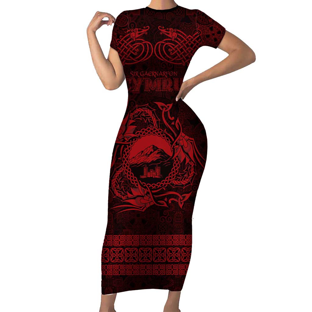 Personalized Caernarfonshire Sir Gaernarfon Short Sleeve Bodycon Dress Red Castle Tower Celtic-inspired - Wonder Print Shop