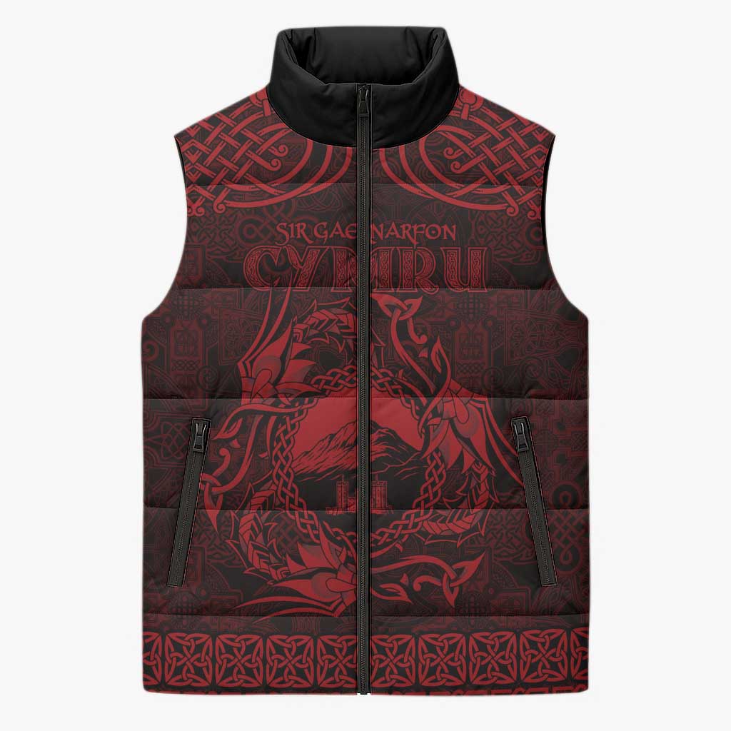 Personalized Caernarfonshire Sir Gaernarfon Sleeveless Puffer Jacket Red Castle Tower Celtic-inspired - Wonder Print Shop