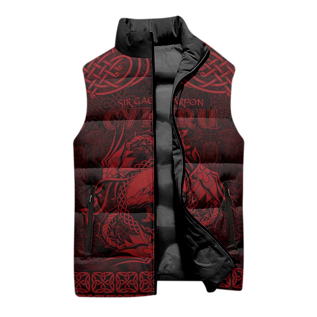 Personalized Caernarfonshire Sir Gaernarfon Sleeveless Puffer Jacket Red Castle Tower Celtic-inspired - Wonder Print Shop
