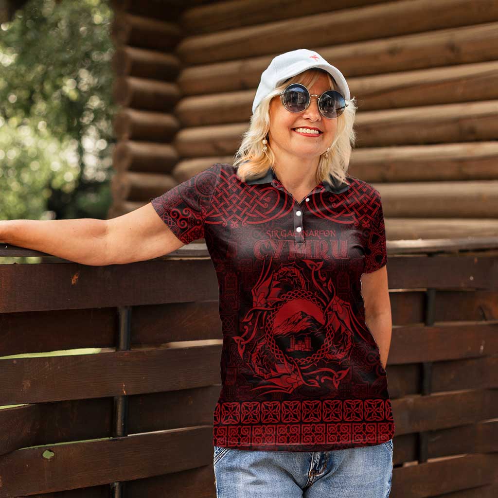 Personalized Caernarfonshire Sir Gaernarfon Women Polo Shirt Red Castle Tower Celtic-inspired - Wonder Print Shop
