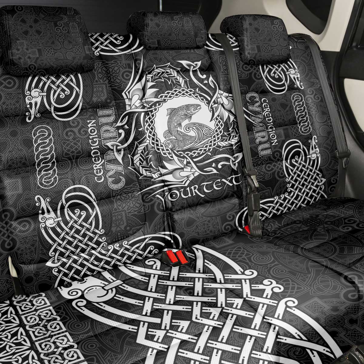 Personalized Cardiganshire Ceredigion Back Car Seat Cover Black Leaping Salmon Celtic-inspired - Wonder Print Shop