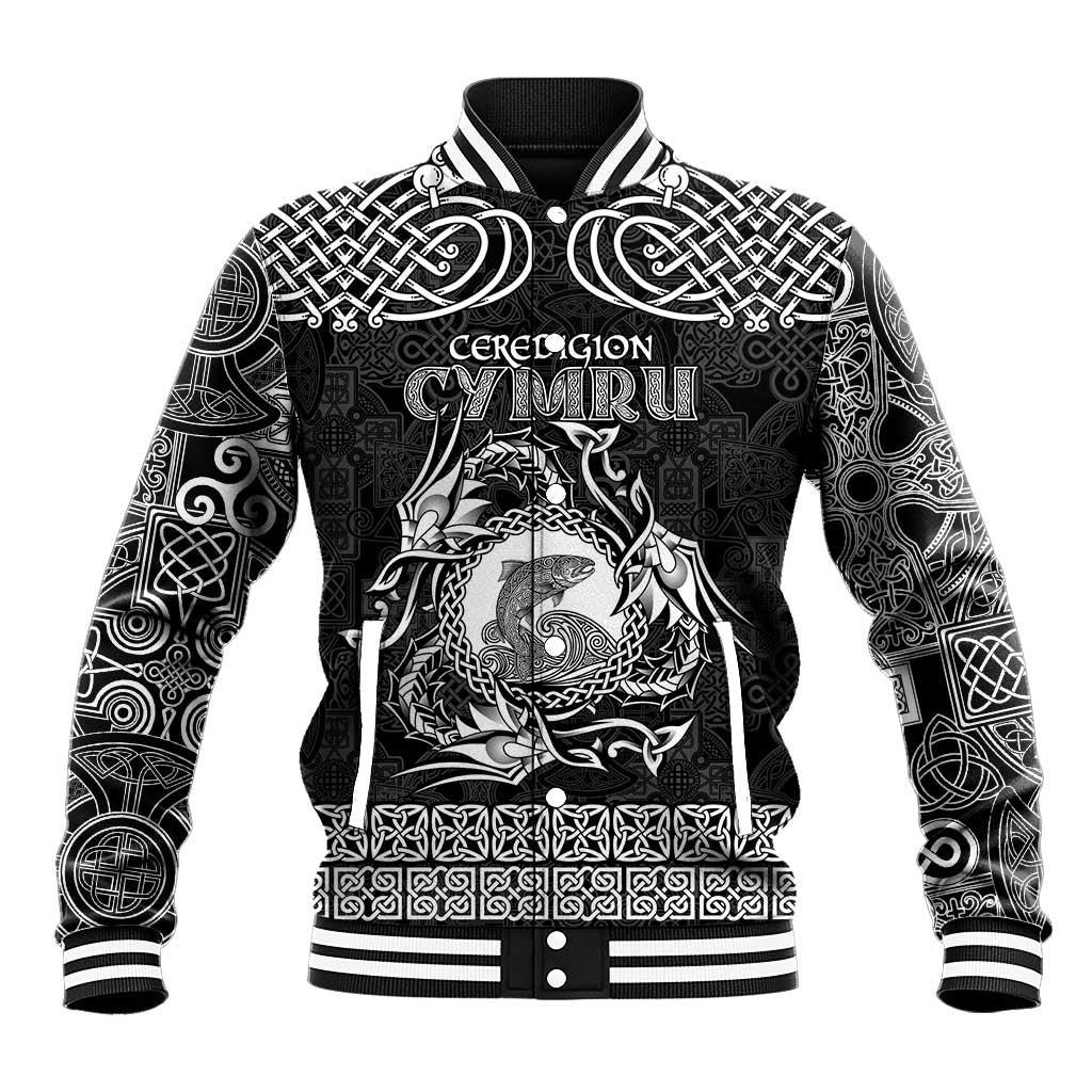 Personalized Cardiganshire Ceredigion Baseball Jacket Black Leaping Salmon Celtic-inspired - Wonder Print Shop