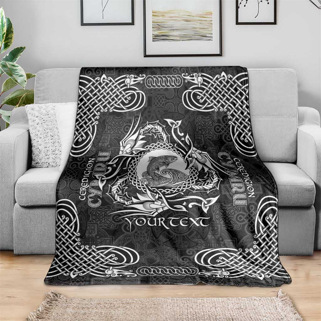 Personalized Cardiganshire Ceredigion Blanket Black Leaping Salmon Celtic-inspired - Wonder Print Shop