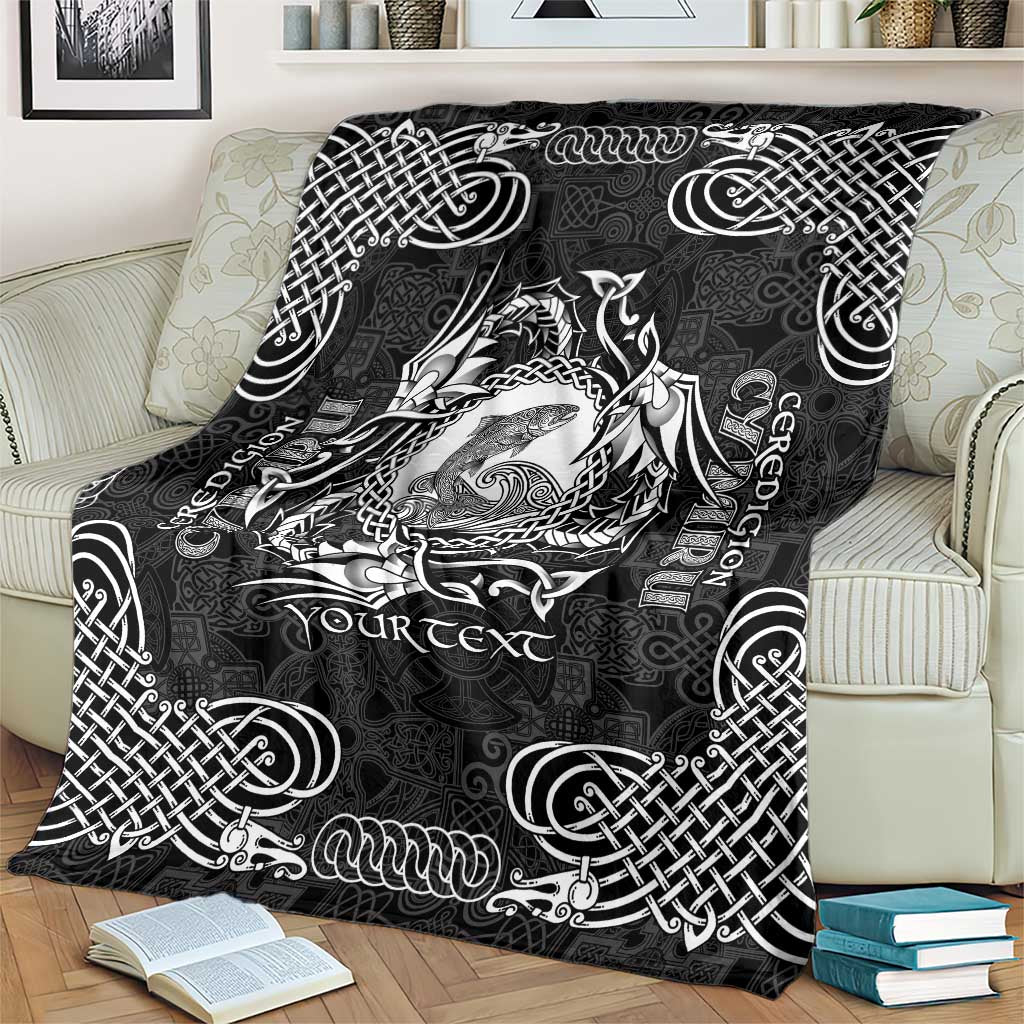 Personalized Cardiganshire Ceredigion Blanket Black Leaping Salmon Celtic-inspired - Wonder Print Shop