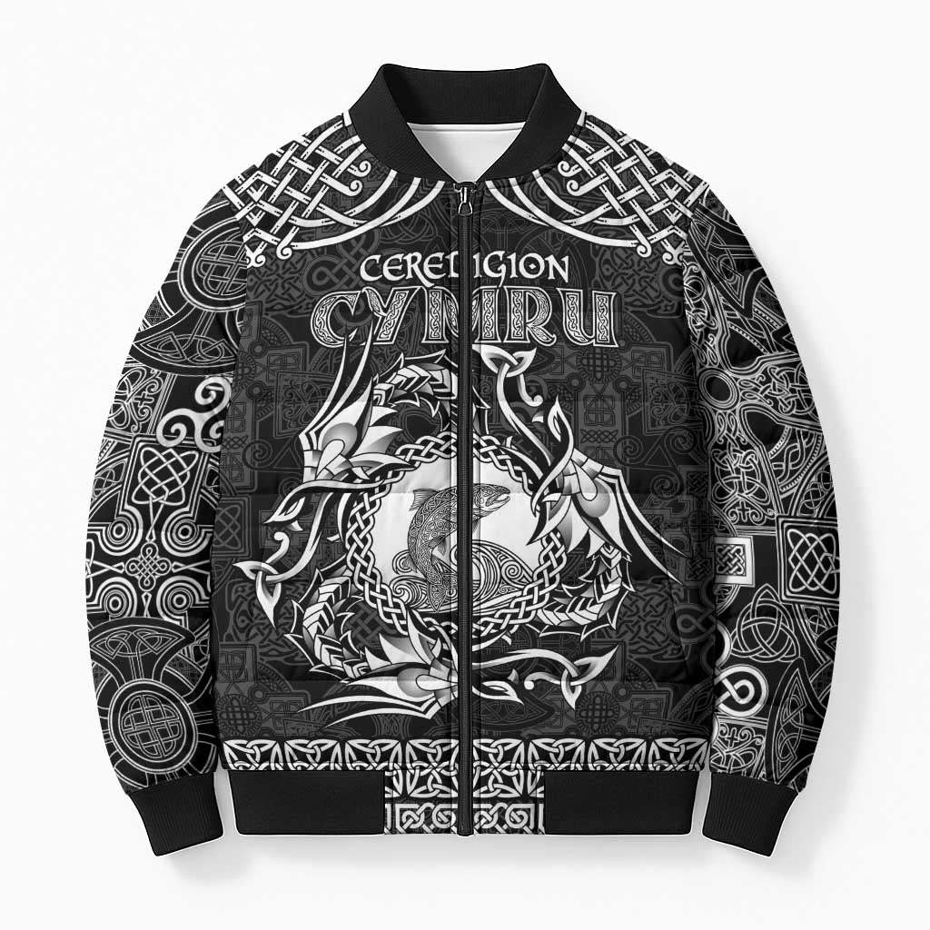 Personalized Cardiganshire Ceredigion Bomber Puffer Jacket Black Leaping Salmon Celtic-inspired - Wonder Print Shop