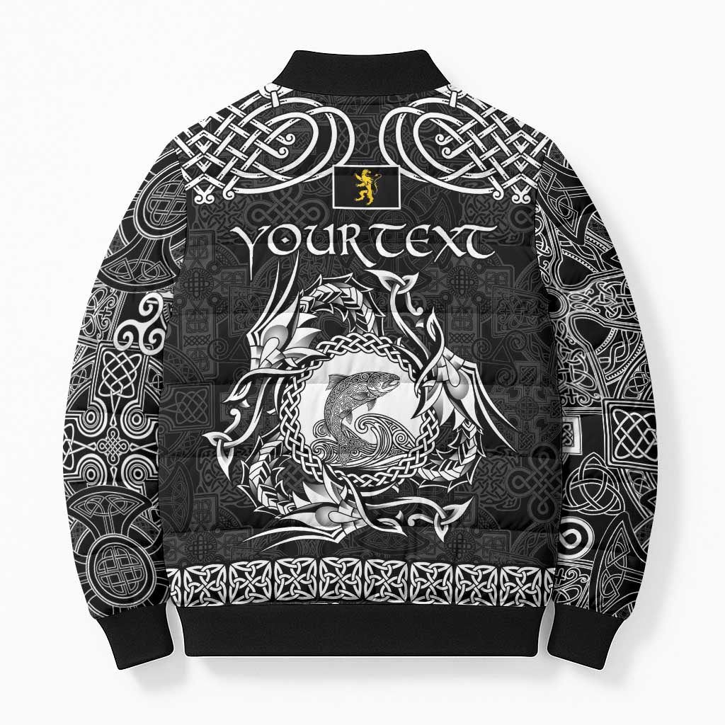 Personalized Cardiganshire Ceredigion Bomber Puffer Jacket Black Leaping Salmon Celtic-inspired - Wonder Print Shop