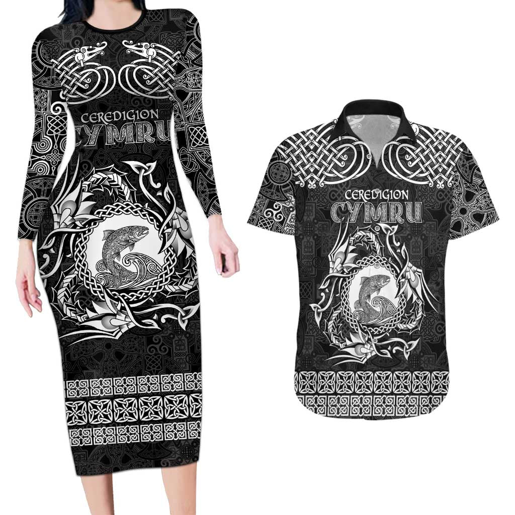 Personalized Cardiganshire Ceredigion Couples Matching Long Sleeve Bodycon Dress and Hawaiian Shirt Black Leaping Salmon Celtic-inspired - Wonder Print Shop