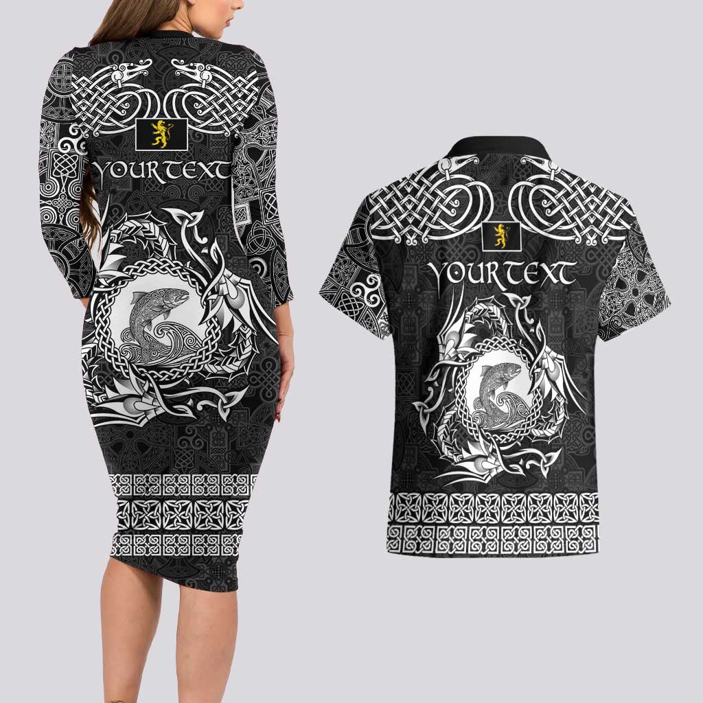 Personalized Cardiganshire Ceredigion Couples Matching Long Sleeve Bodycon Dress and Hawaiian Shirt Black Leaping Salmon Celtic-inspired - Wonder Print Shop