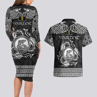 Personalized Cardiganshire Ceredigion Couples Matching Long Sleeve Bodycon Dress and Hawaiian Shirt Black Leaping Salmon Celtic-inspired - Wonder Print Shop