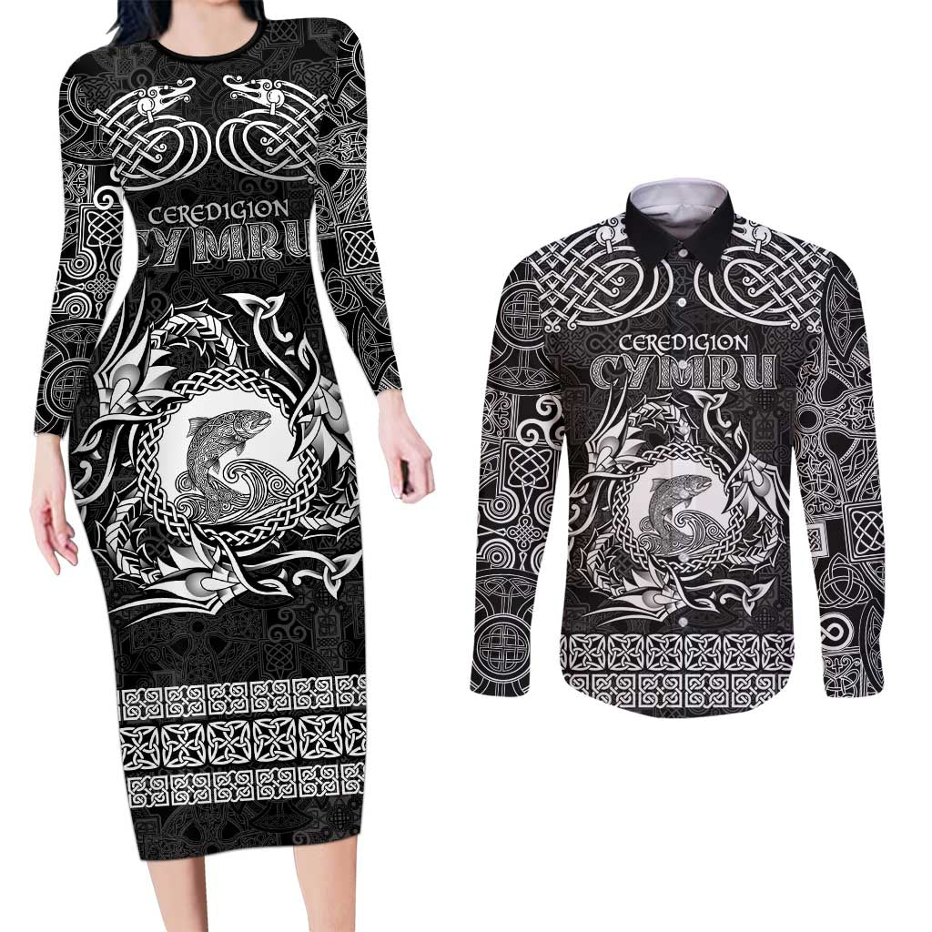 Personalized Cardiganshire Ceredigion Couples Matching Long Sleeve Bodycon Dress and Long Sleeve Button Shirt Black Leaping Salmon Celtic-inspired - Wonder Print Shop