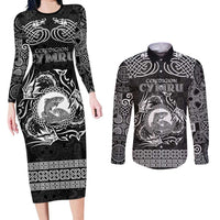 Personalized Cardiganshire Ceredigion Couples Matching Long Sleeve Bodycon Dress and Long Sleeve Button Shirt Black Leaping Salmon Celtic-inspired - Wonder Print Shop