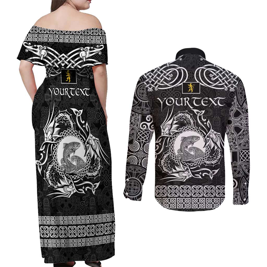 Personalized Cardiganshire Ceredigion Couples Matching Off Shoulder Maxi Dress and Long Sleeve Button Shirt Black Leaping Salmon Celtic-inspired - Wonder Print Shop