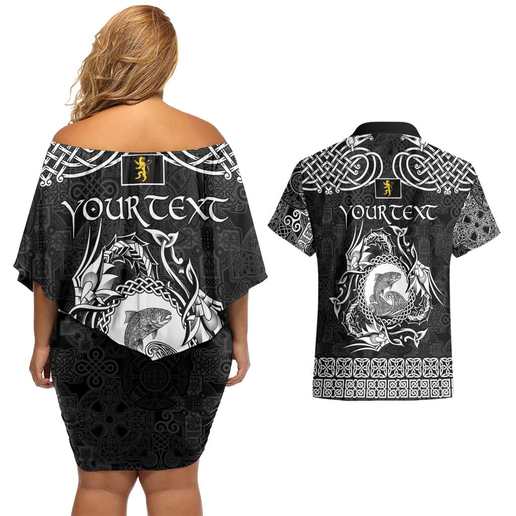 Personalized Cardiganshire Ceredigion Couples Matching Off Shoulder Short Dress and Hawaiian Shirt Black Leaping Salmon Celtic-inspired - Wonder Print Shop
