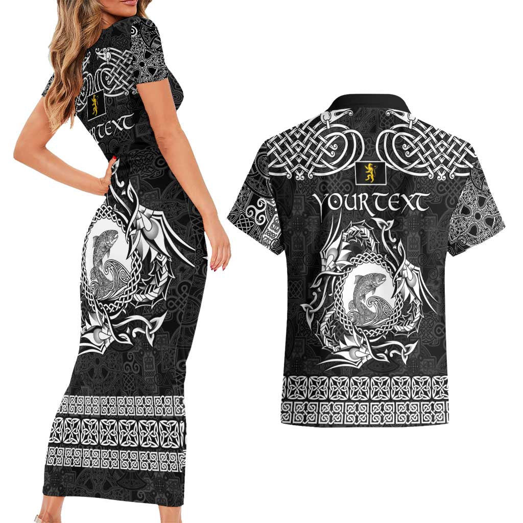 Personalized Cardiganshire Ceredigion Couples Matching Short Sleeve Bodycon Dress and Hawaiian Shirt Black Leaping Salmon Celtic-inspired - Wonder Print Shop