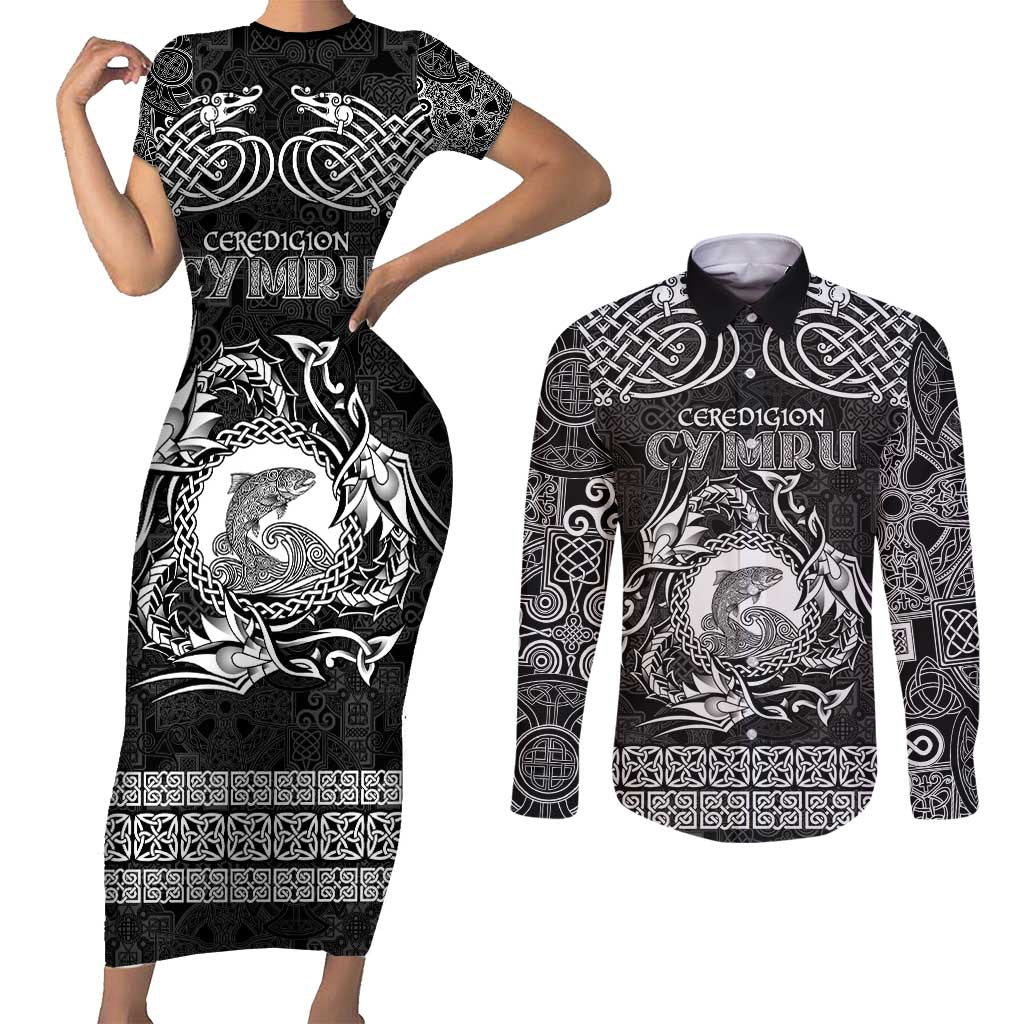 Personalized Cardiganshire Ceredigion Couples Matching Short Sleeve Bodycon Dress and Long Sleeve Button Shirt Black Leaping Salmon Celtic-inspired - Wonder Print Shop
