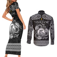 Personalized Cardiganshire Ceredigion Couples Matching Short Sleeve Bodycon Dress and Long Sleeve Button Shirt Black Leaping Salmon Celtic-inspired - Wonder Print Shop
