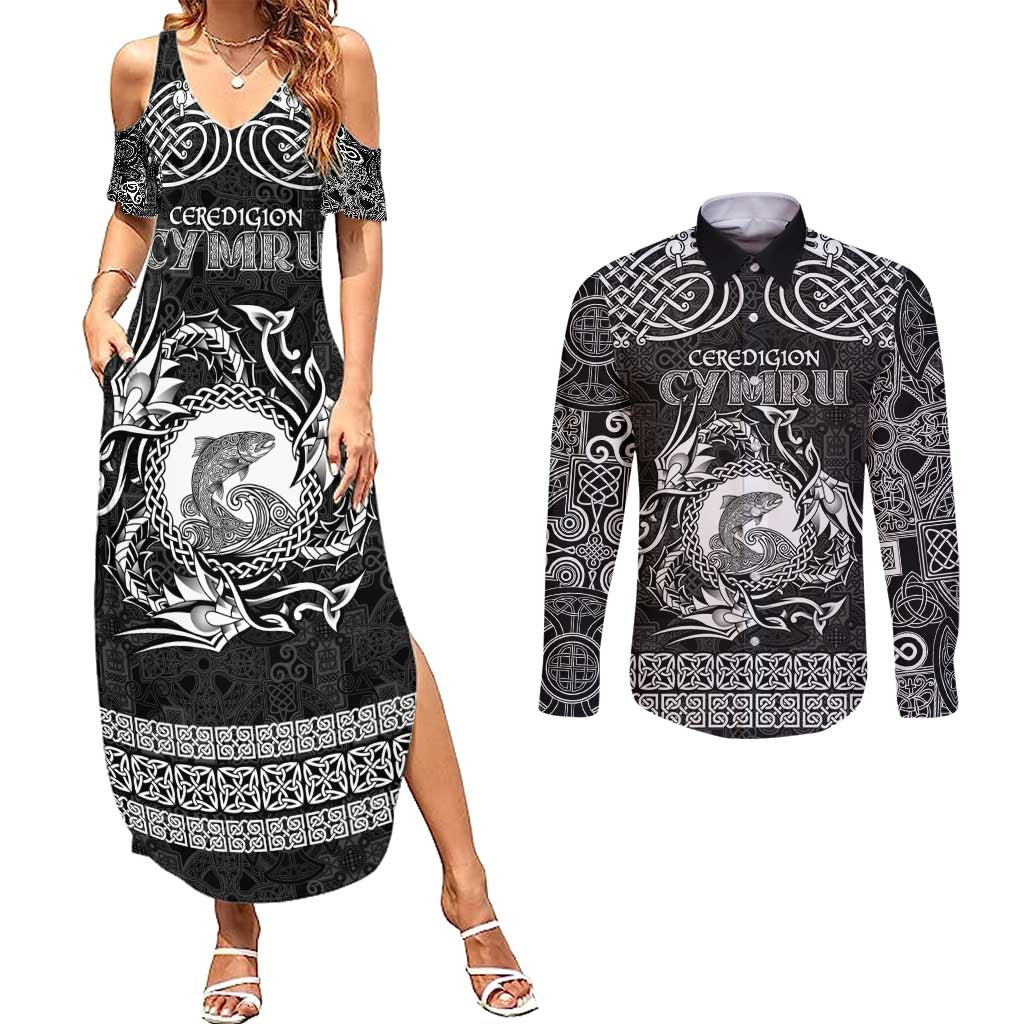 Personalized Cardiganshire Ceredigion Couples Matching Summer Maxi Dress and Long Sleeve Button Shirt Black Leaping Salmon Celtic-inspired - Wonder Print Shop