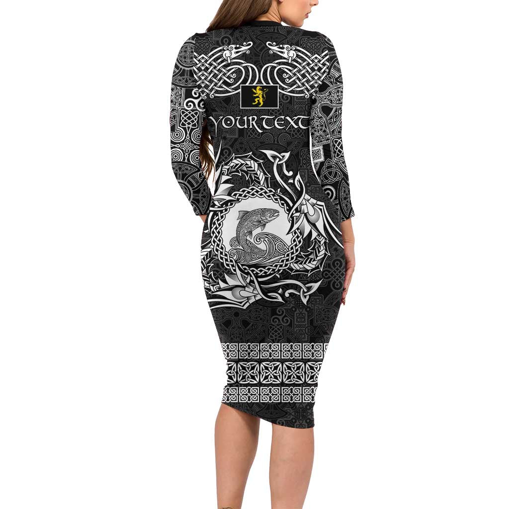 Personalized Cardiganshire Ceredigion Family Matching Long Sleeve Bodycon Dress and Hawaiian Shirt Black Leaping Salmon Celtic-inspired - Wonder Print Shop