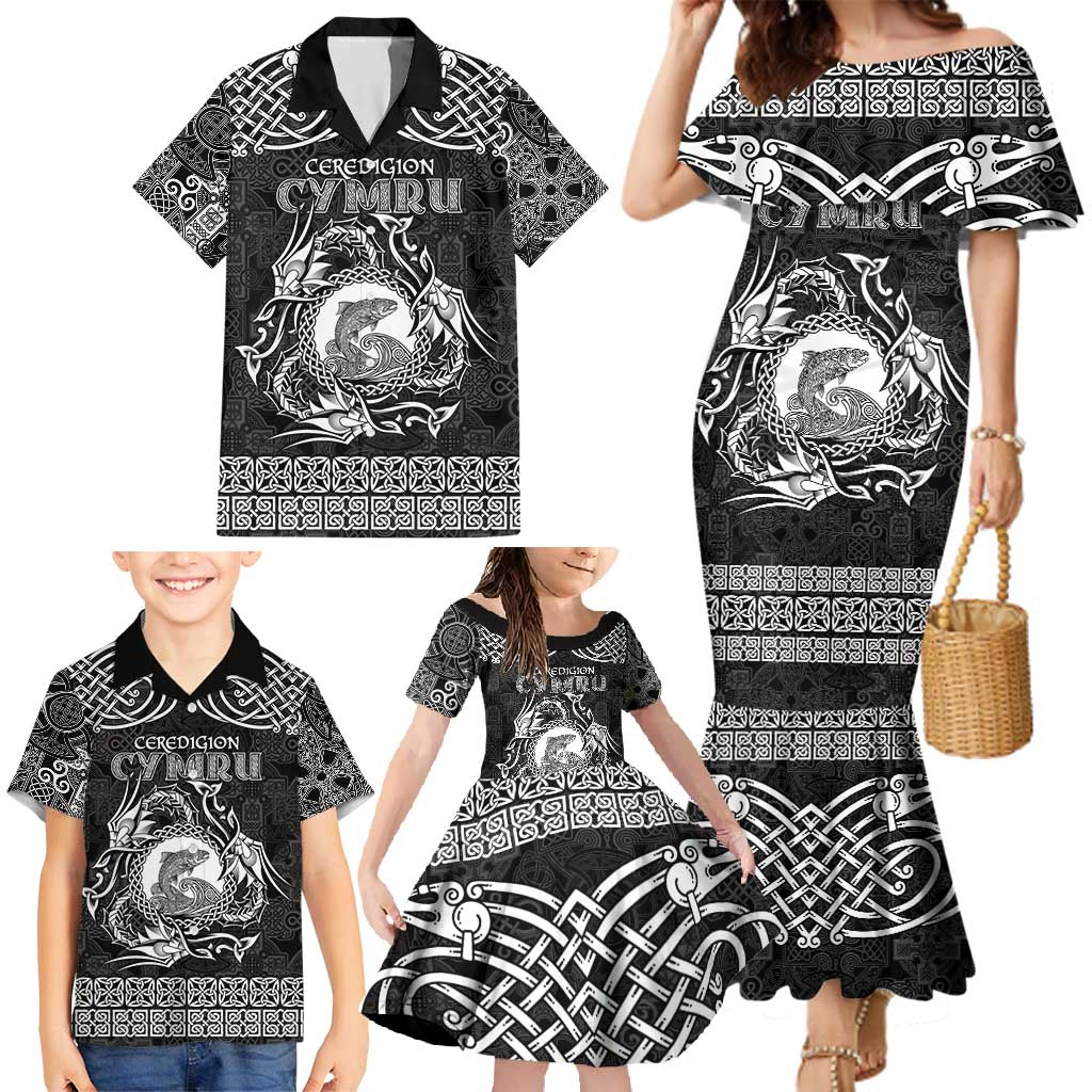 Personalized Cardiganshire Ceredigion Family Matching Mermaid Dress and Hawaiian Shirt Black Leaping Salmon Celtic-inspired - Wonder Print Shop