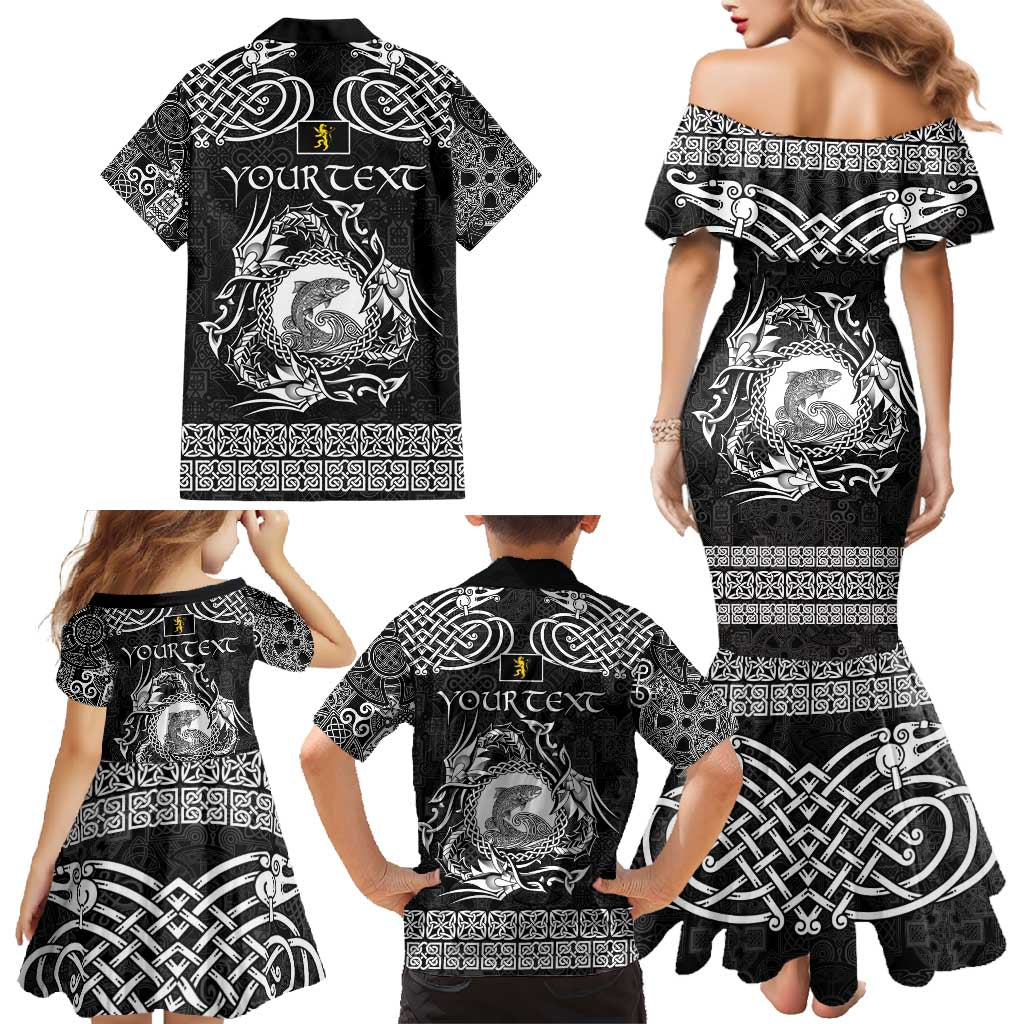 Personalized Cardiganshire Ceredigion Family Matching Mermaid Dress and Hawaiian Shirt Black Leaping Salmon Celtic-inspired - Wonder Print Shop