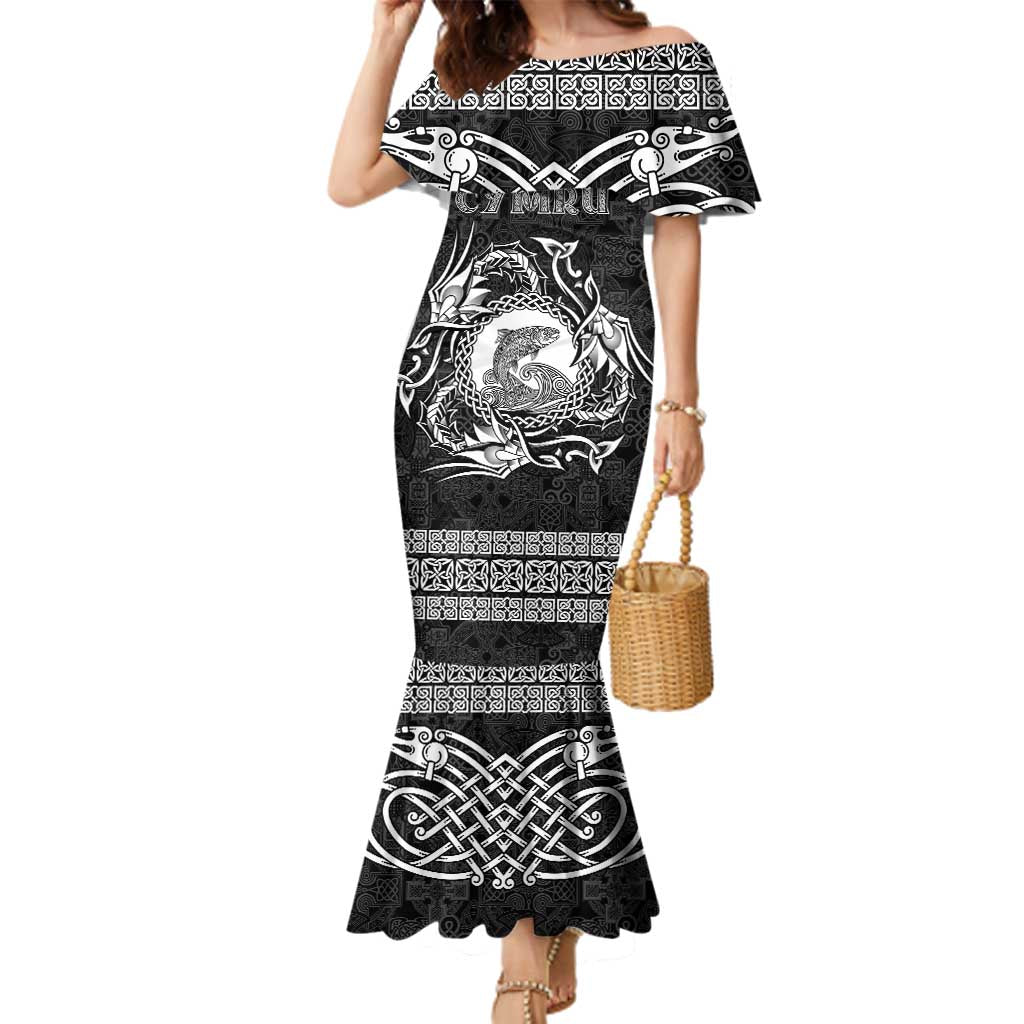 Personalized Cardiganshire Ceredigion Family Matching Mermaid Dress and Hawaiian Shirt Black Leaping Salmon Celtic-inspired - Wonder Print Shop