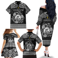 Personalized Cardiganshire Ceredigion Family Matching Off The Shoulder Long Sleeve Dress and Hawaiian Shirt Black Leaping Salmon Celtic-inspired - Wonder Print Shop