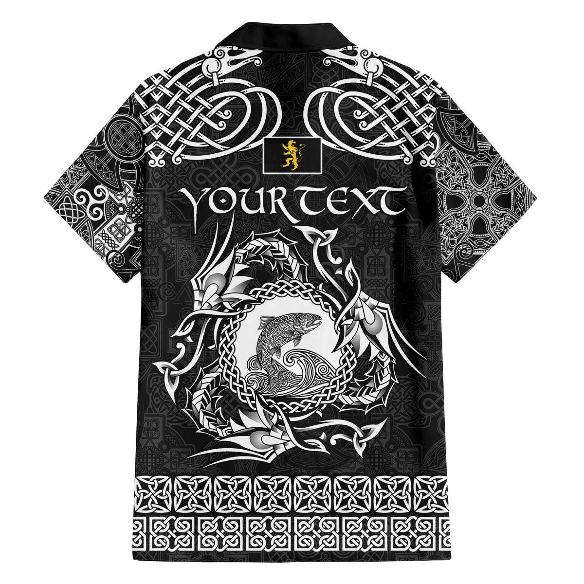 Personalized Cardiganshire Ceredigion Family Matching Off The Shoulder Long Sleeve Dress and Hawaiian Shirt Black Leaping Salmon Celtic-inspired - Wonder Print Shop