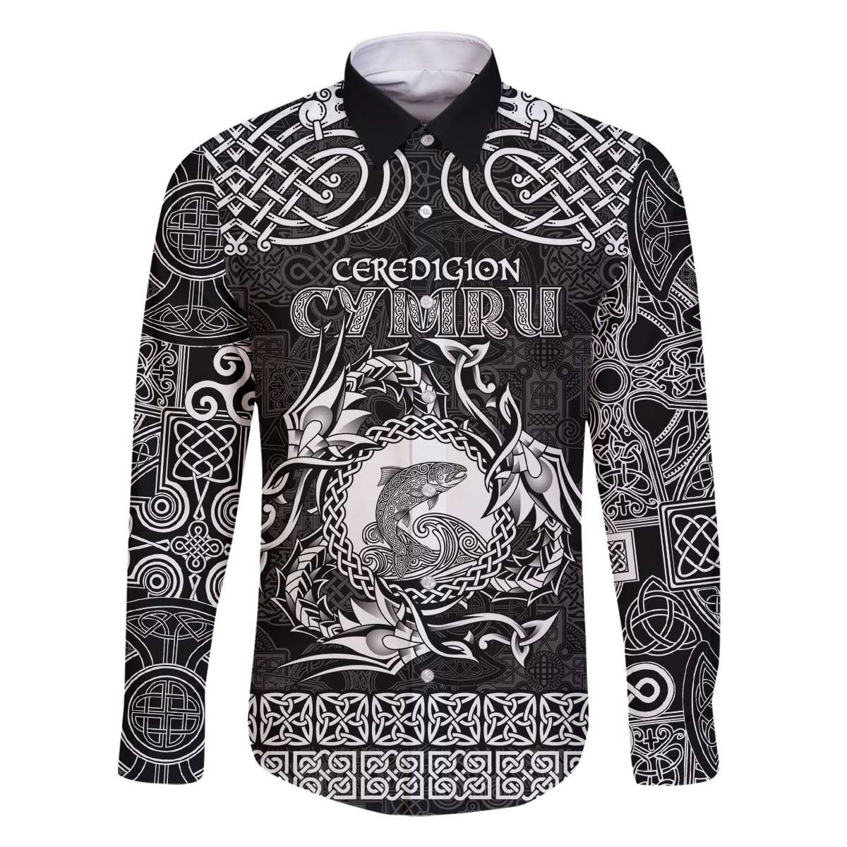 Personalized Cardiganshire Ceredigion Family Matching Off The Shoulder Long Sleeve Dress and Hawaiian Shirt Black Leaping Salmon Celtic-inspired - Wonder Print Shop