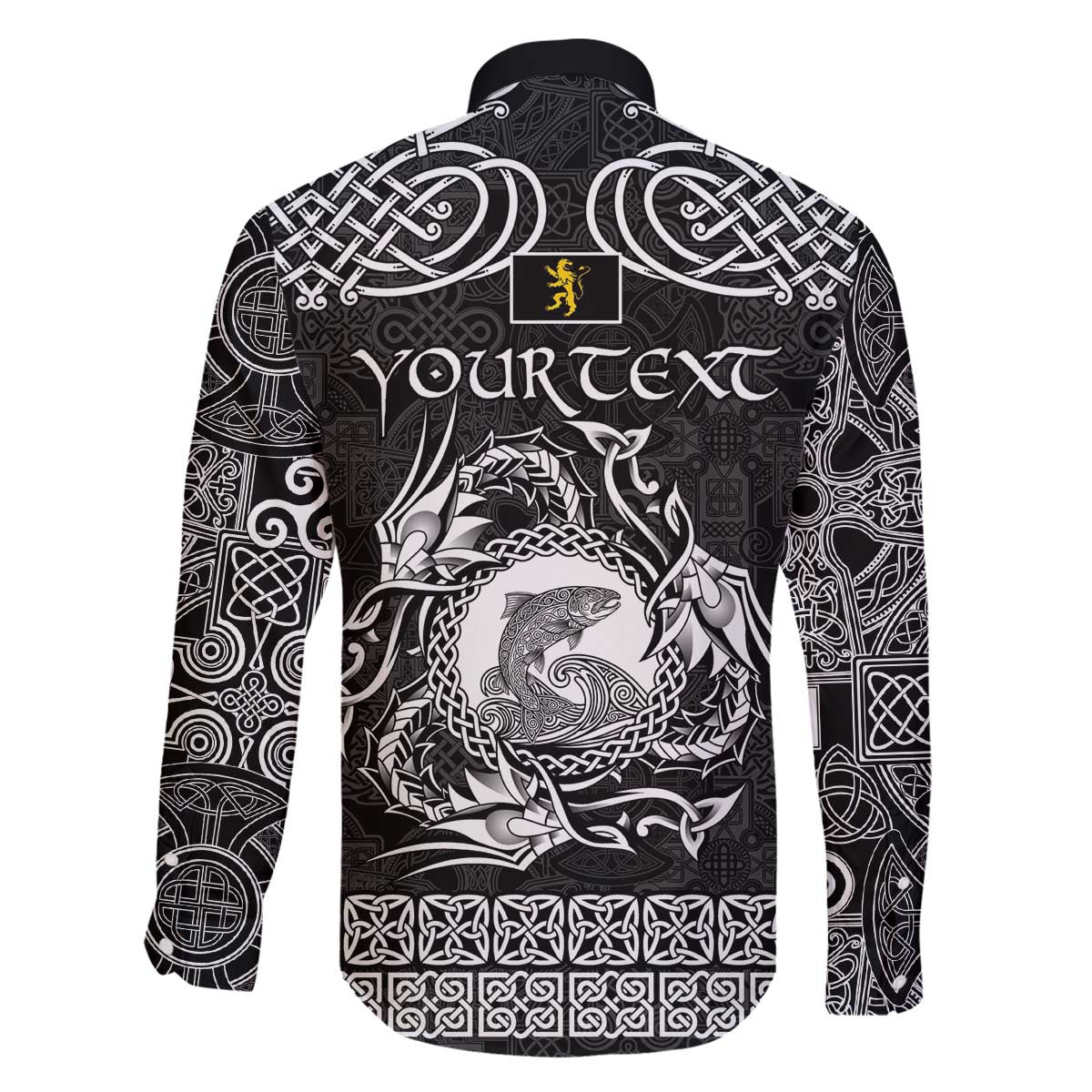 Personalized Cardiganshire Ceredigion Family Matching Off The Shoulder Long Sleeve Dress and Hawaiian Shirt Black Leaping Salmon Celtic-inspired - Wonder Print Shop